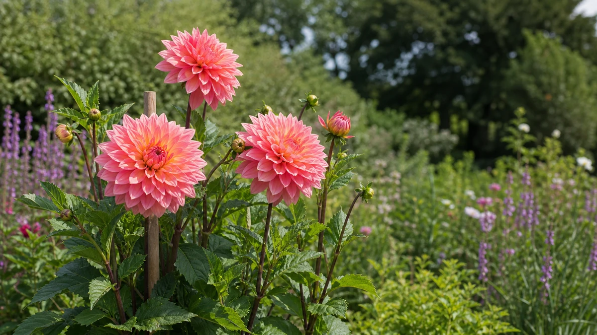 Fairway Spur con una gran flor rosa melocotón sostenida por un tutor