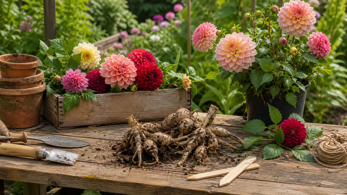 Tubérculos de dalia online en un jardín de España