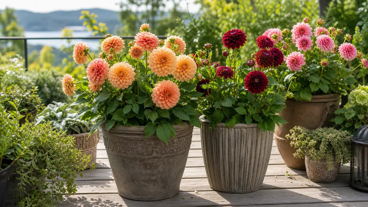 Dalias en maceta en un jardín de España