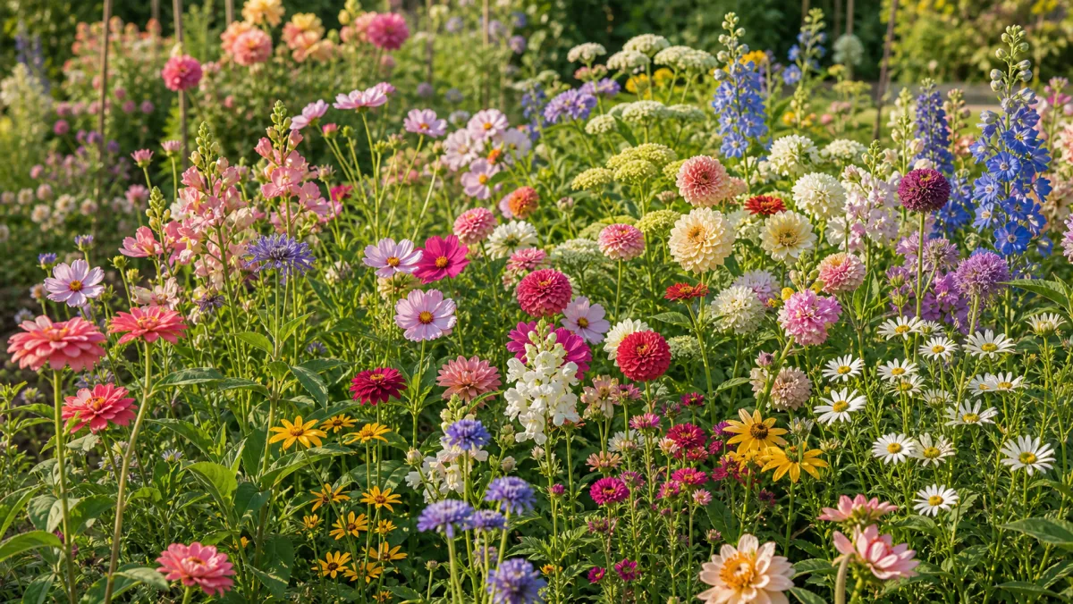 Mezcla ecológica de flores de corte en un jardín de España